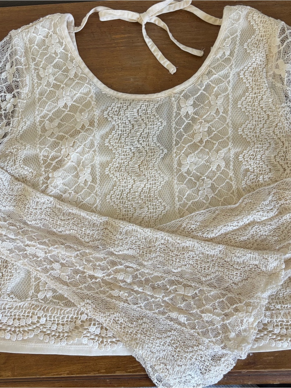 American Rag Cream Lace Long Sleeve Tie-Back Top